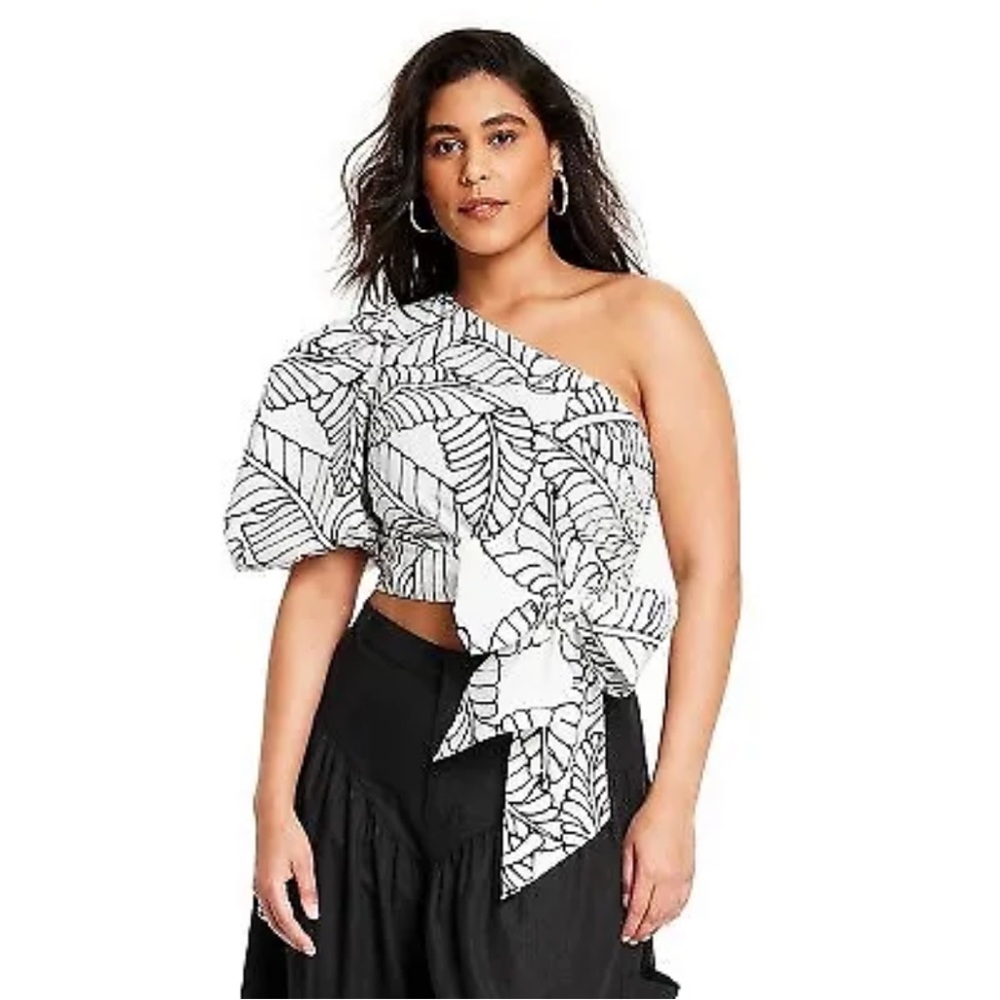 Women's size 14 Sketch Palm Leaf Print Wrap Tie One Shoulder Fe Noel Bla…